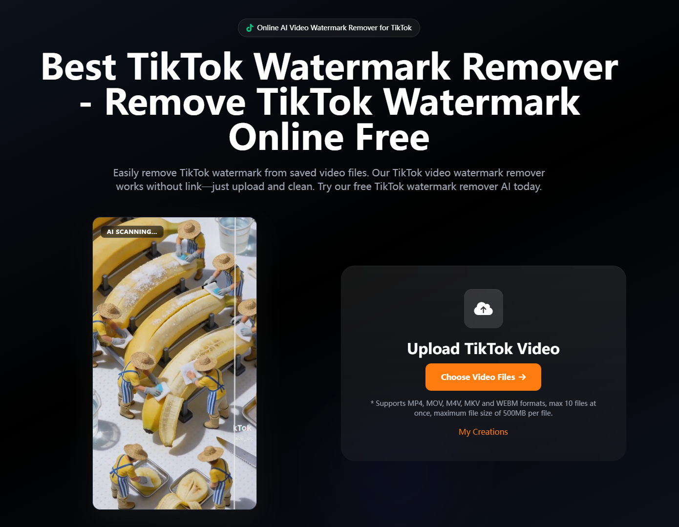 The desktop processing interface of the best TikTok watermark remover on AIAI.com, showing the AI automatically detecting and removing logos from a video.