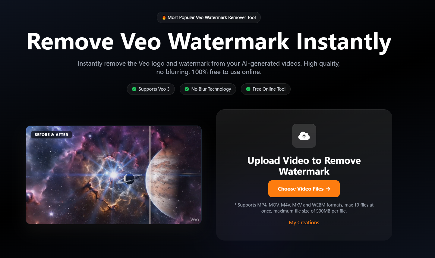 An AI video editor interface showing the bounding box tool targeting the logo to remove the Veo watermark instantly.