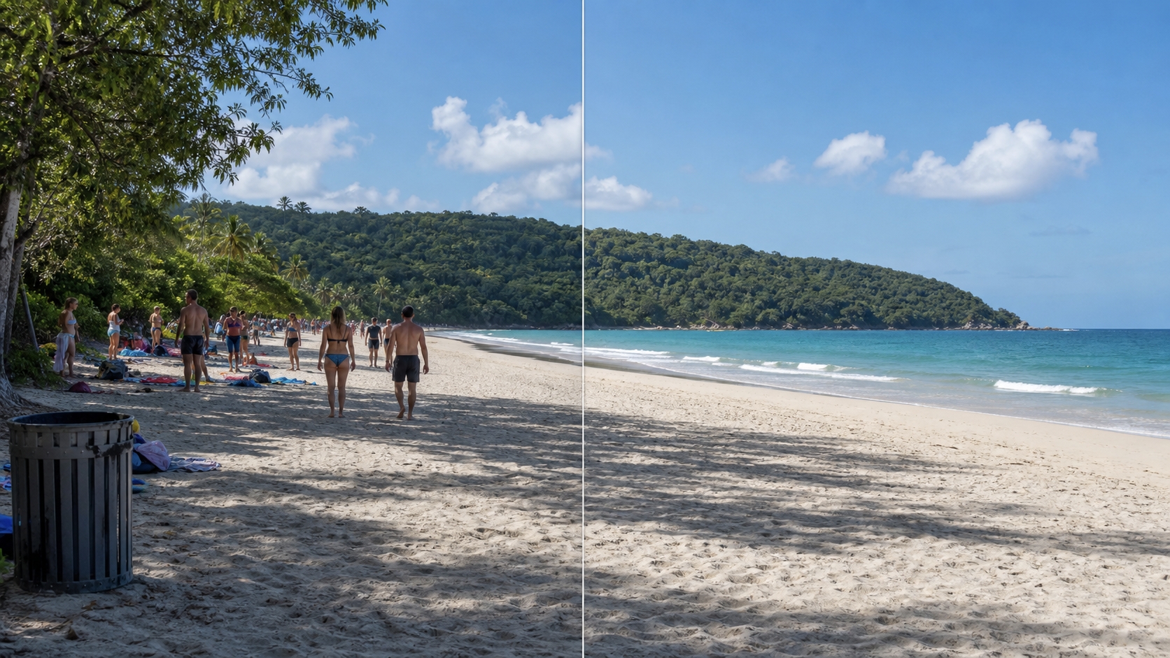 Before and after comparison of a beach photo with unwanted people and clutter removed cleanly