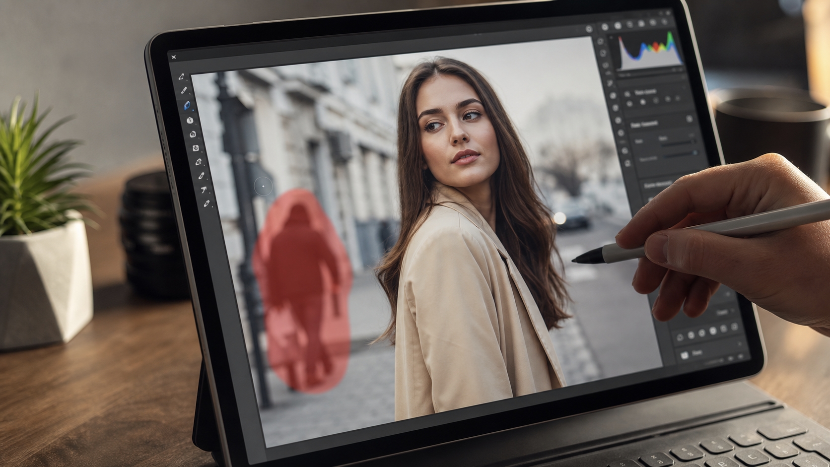 Tablet editing a portrait photo with an unwanted background object selected for AI removal