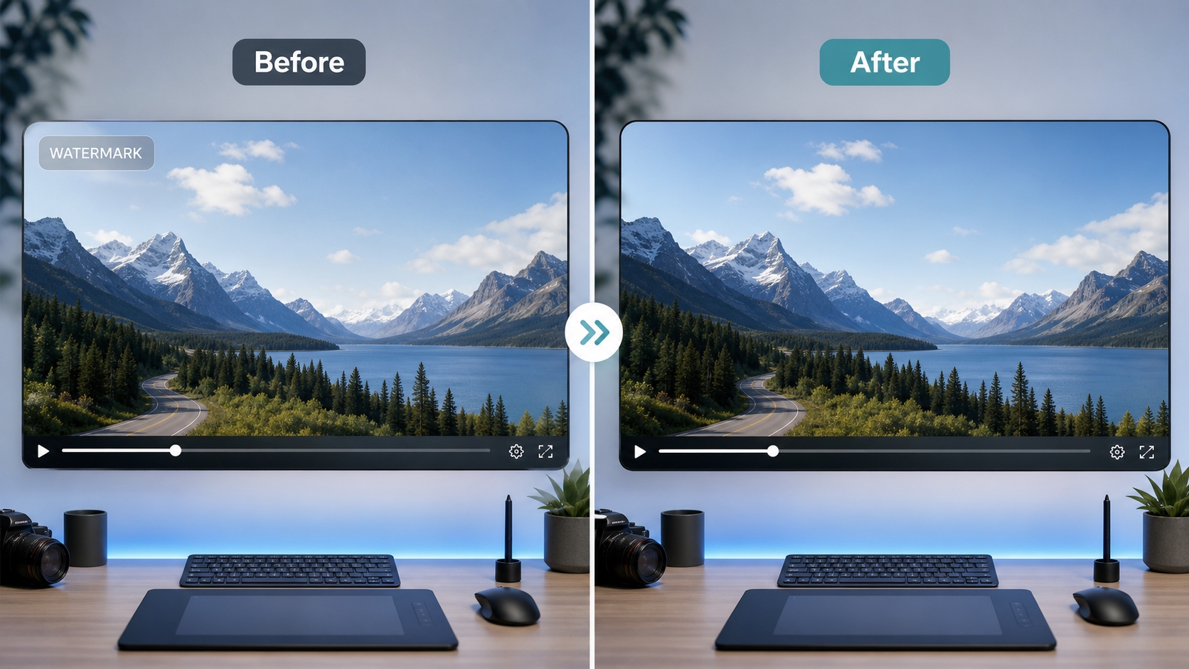 AI video watermark remover before and after comparison showing clean background reconstruction.