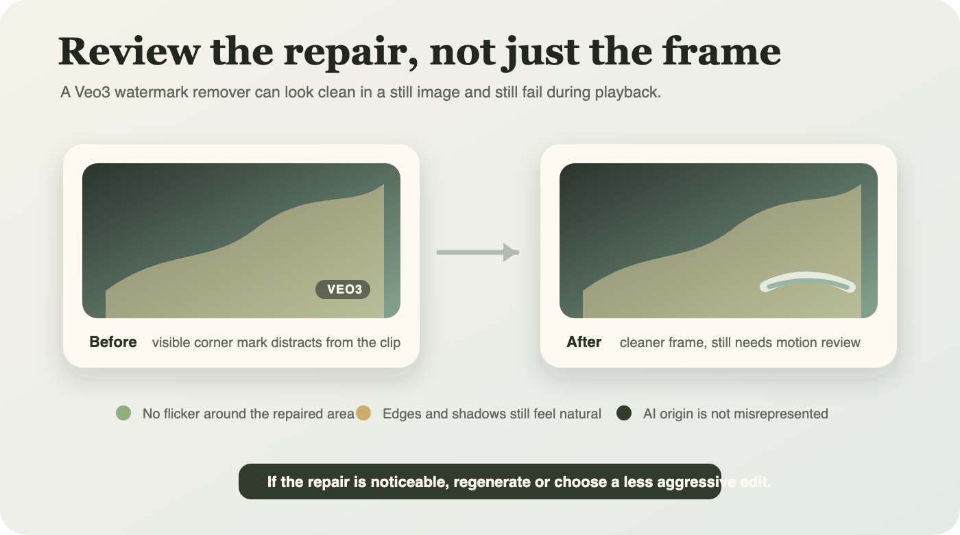 Quality checklist for reviewing a Veo3 video after watermark removal, including artifacts, flicker, resolution, disclosure, and export settings.