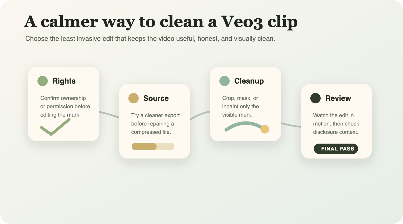 Decision workflow for choosing a Veo3 watermark remover method based on ownership, export options, edit method, and quality review.