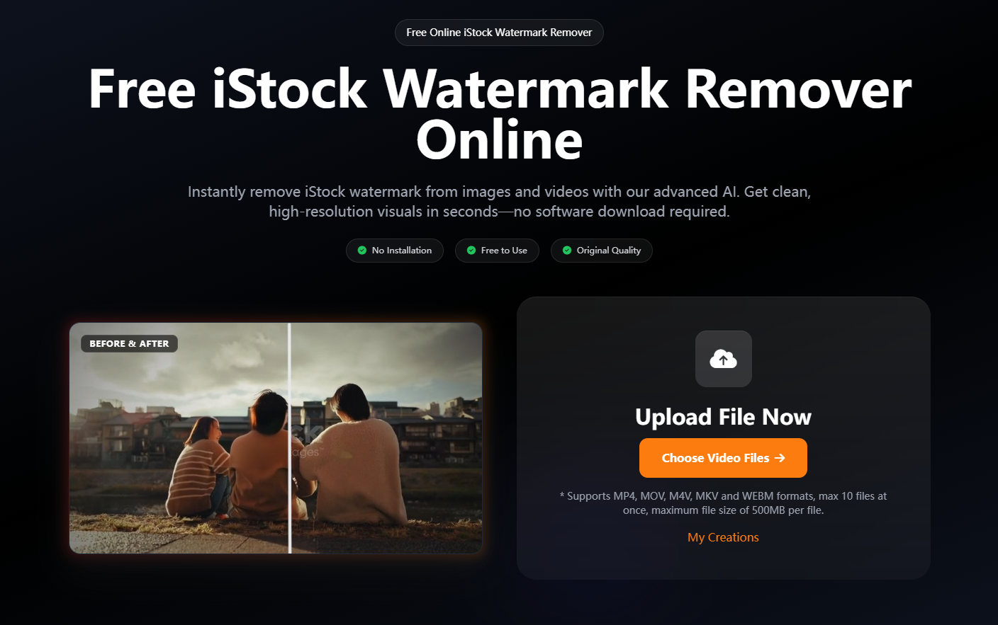 The user interface of the AIAI Watermark Remover, showing the automatic detection and removal of the iStock AI watermark from video content.