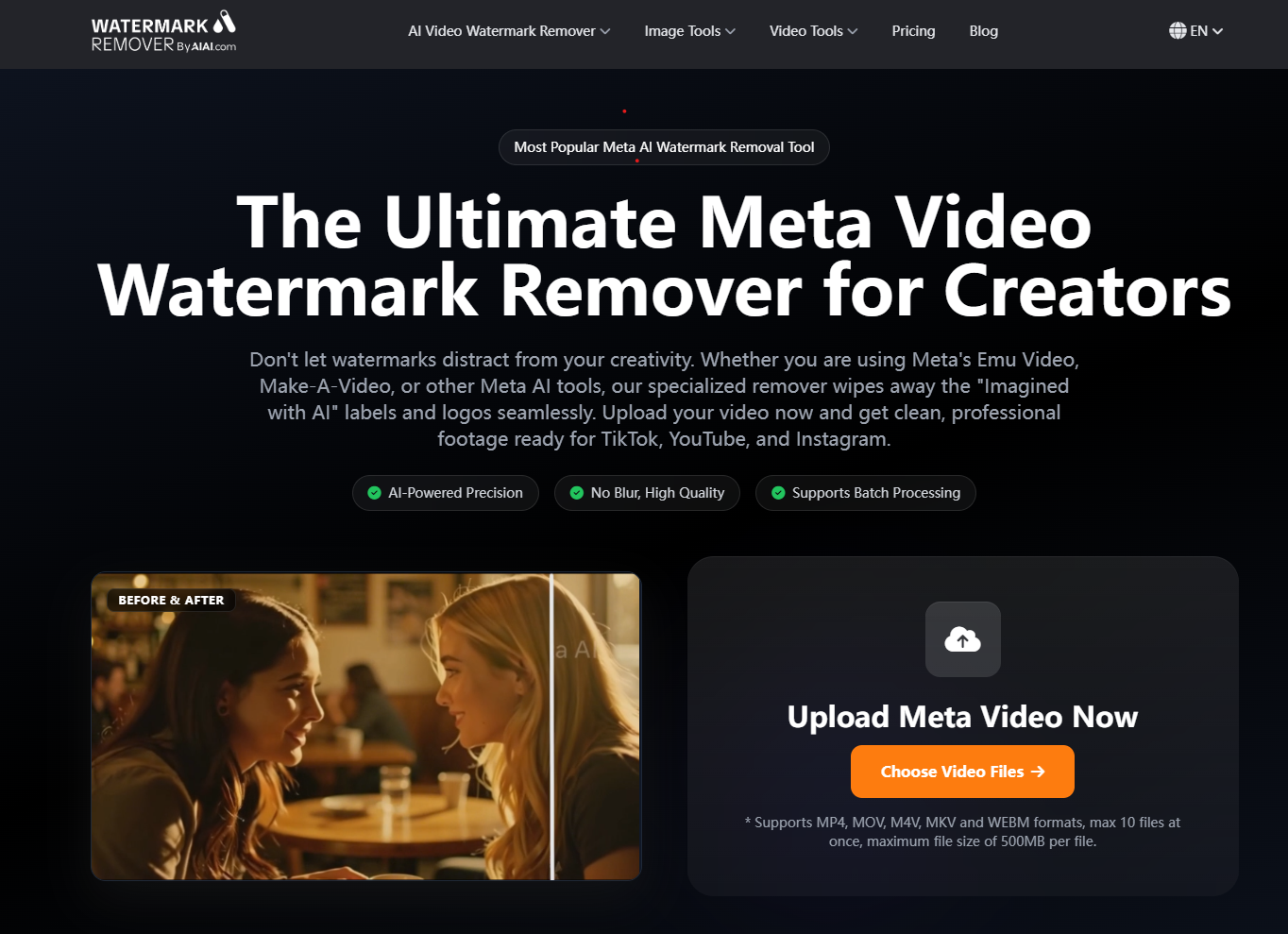 A screenshot of the AIAI.com interface showing how to easily highlight and erase the 'Imagined with AI' label using the Meta AI watermark remover.