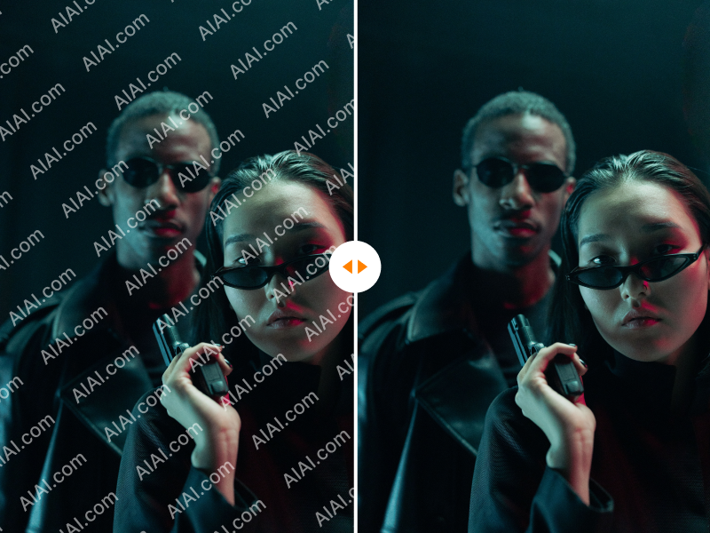 A side-by-side comparison showing a full-screen AIAI.com grid watermark on the left, and the perfectly clean, reconstructed background on the right after AI watermark removal.