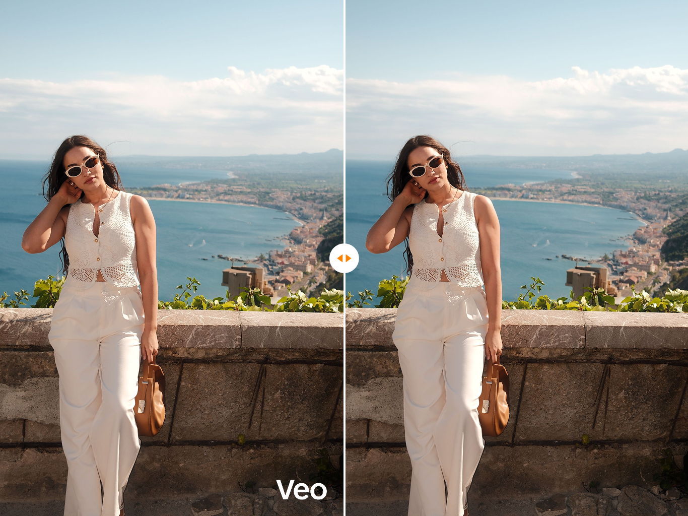 A side-by-side comparison showing a Google Veo video with a watermark on the left, and the flawlessly cleaned background on the right using a tool to remove Veo watermark instantly.