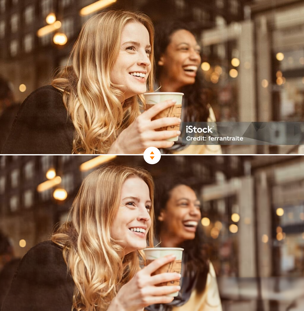 A top-and-bottom comparison showing stock footage with an iStock-style watermark grid on the top, and the cleaned result after AI watermark removal using inpainting technology on the bottom.