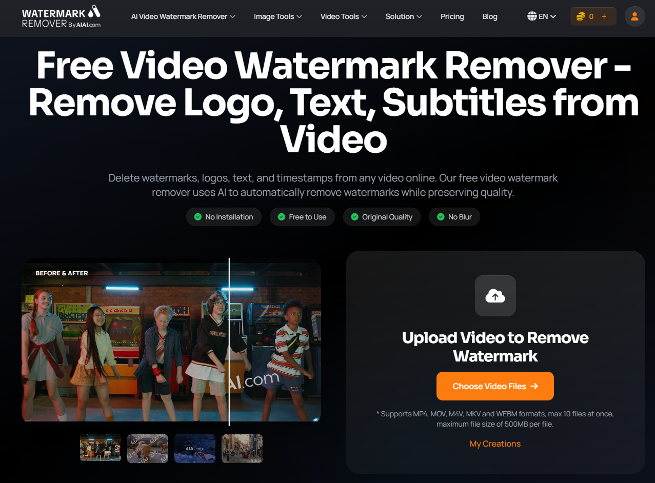 AIAI.com free video watermark remover as one of the Best Completely Free AI Video Generator No Watermark 2026 dashboard for uploading and processing video files.
