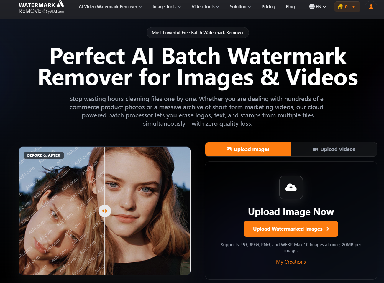 The drag-and-drop bulk upload panel on AIAI.com's batch watermark remover web interface.