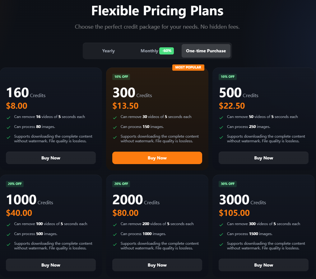 Flexible pay-as-you-go credit packages and pricing plans for AIAI.com batch watermark remover.