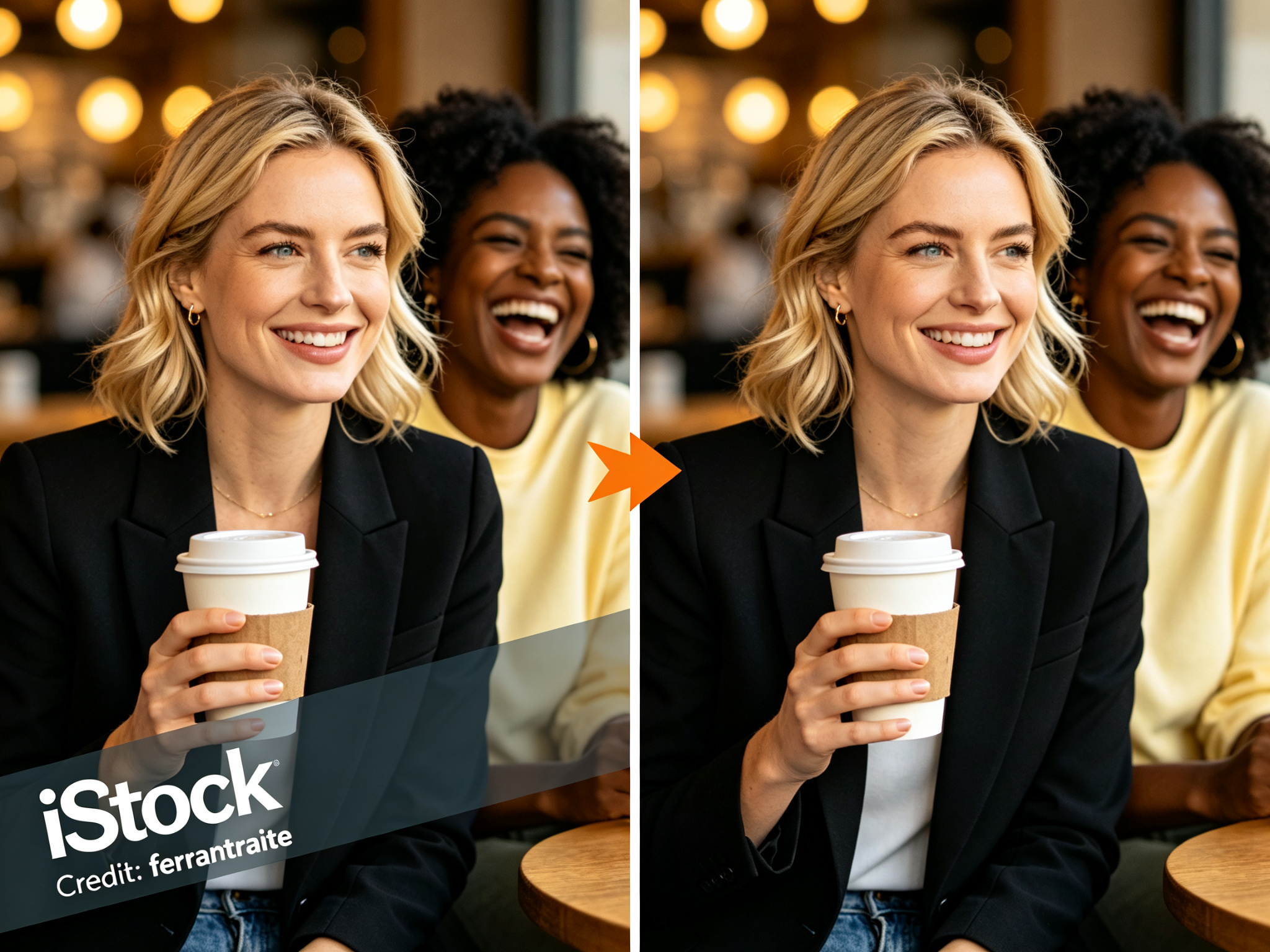 A before-and-after split comparison showing an iStock watermark cleanly removed from a photo of two women holding coffee cups at a cafe, with an orange arrow pointing to the watermark-free version.