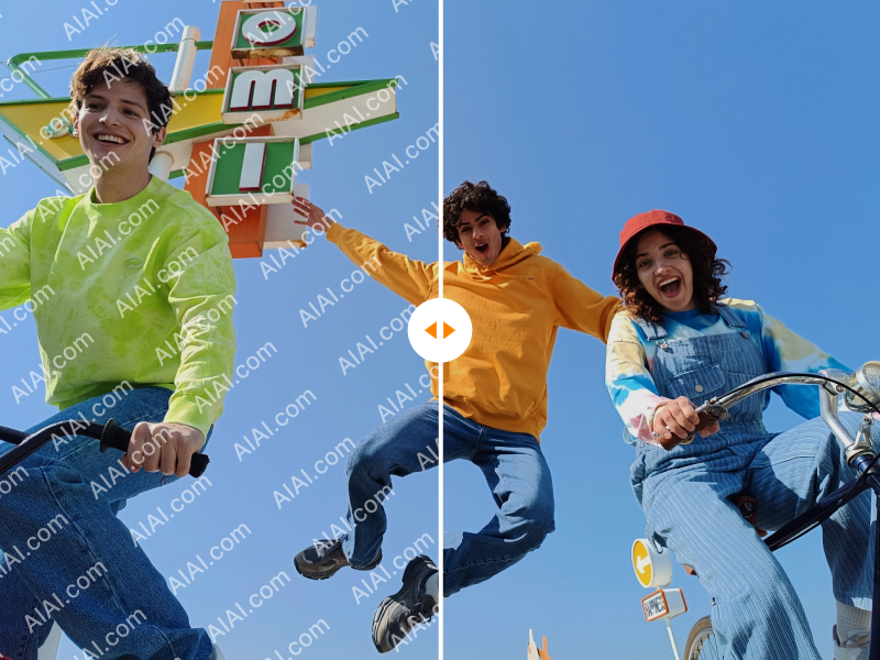 An outdoor group photo of friends on bicycles before and after batch watermark removal, displaying high-resolution background reconstruction.