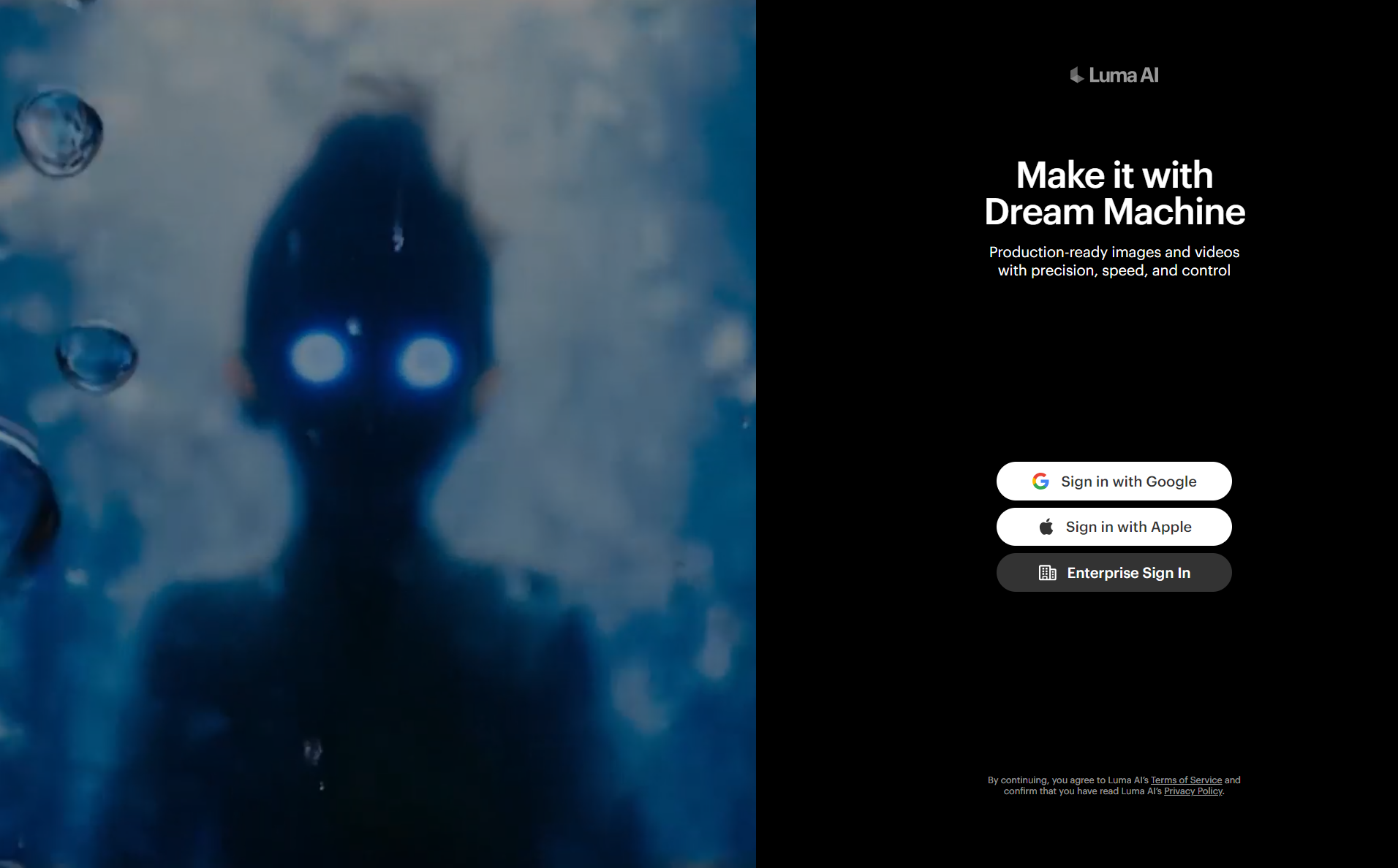 Luma Dream Machine AI video generator sign-in page featuring cinematic text to video creation.
