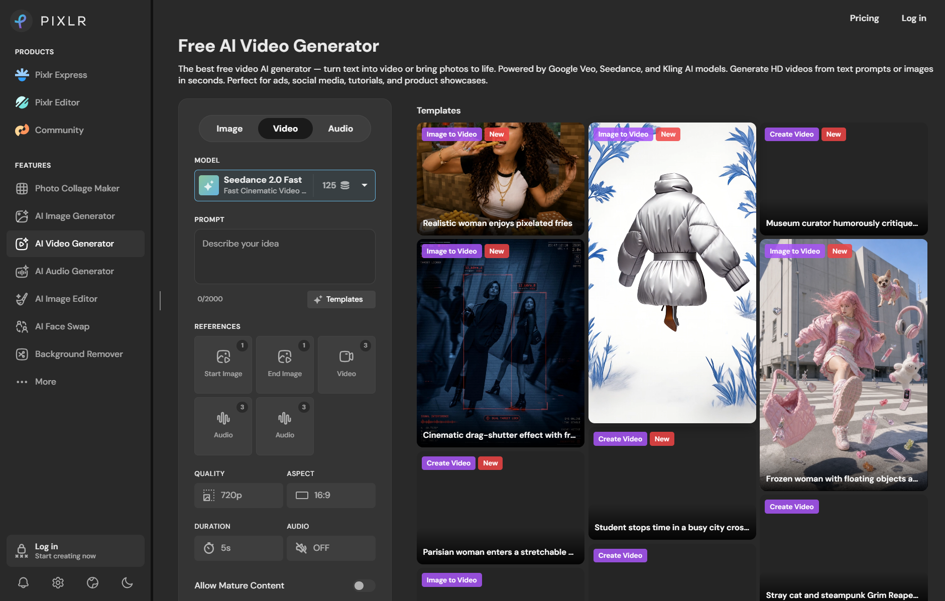 Pixlr free AI video generator workspace for creating YouTube Shorts and vertical TikTok clips.