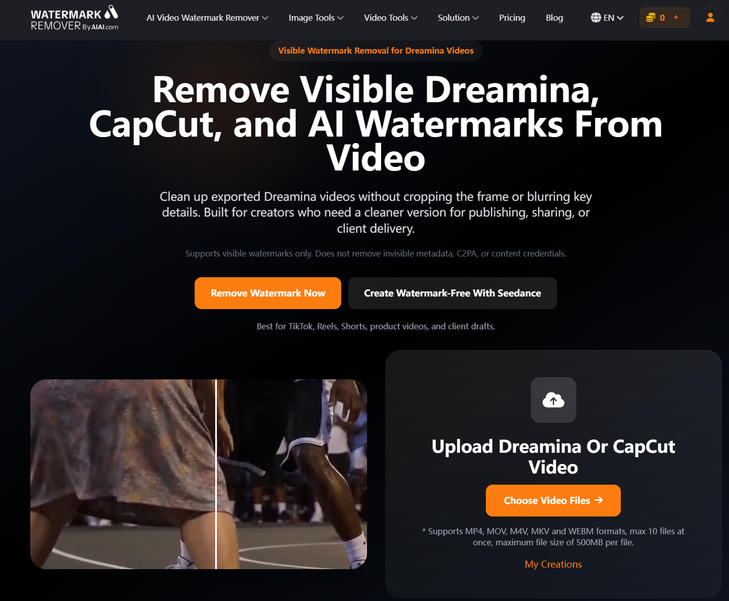 AIAI.com Dreamina video watermark remover homepage interface for uploading CapCut and AI videos.