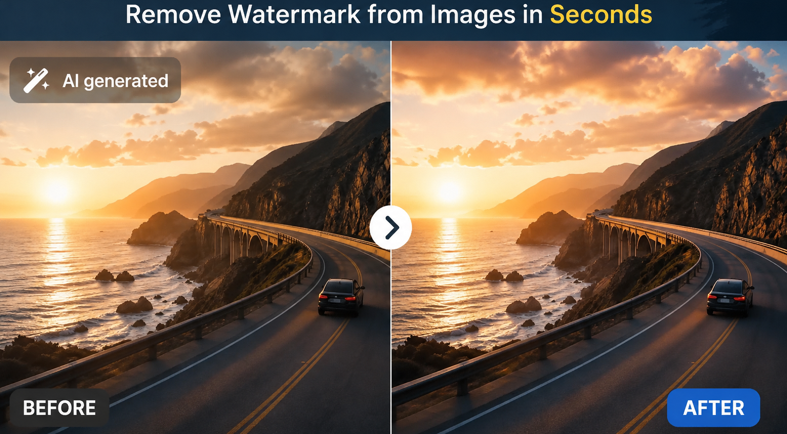 Before and after comparison of removing AI generated badge from landscape image using AIAI watermark remover.