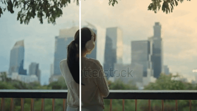 Before and after comparison of an AI Shutterstock watermark remover clearing a video of a city skyline.
