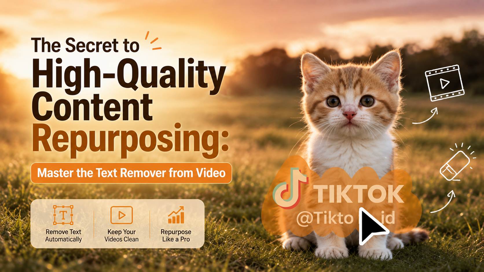 A guide to high-quality content repurposing featuring a cute kitten and an AI text remover from video tool erasing a TikTok watermark.