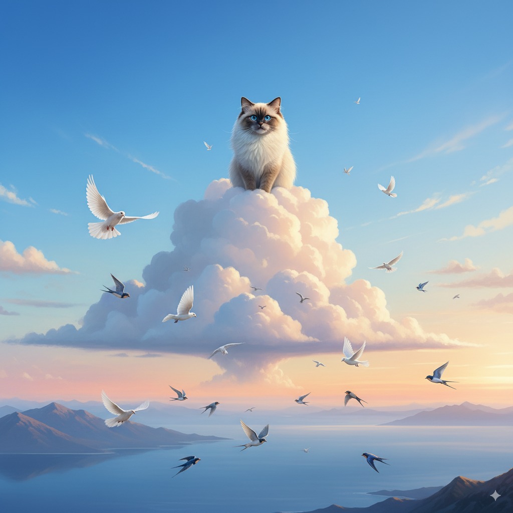 cat sitting on a cloud watching birds