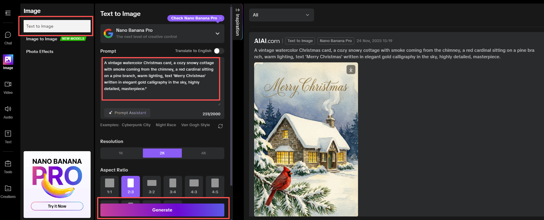 AI-generated traditional Christmas card with a snowy cottage and gold calligraphy, made with Nano Banana Pro