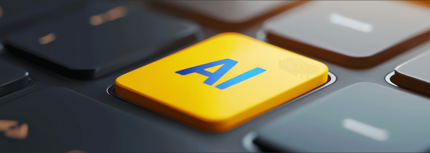Close-up of a computer keyboard with a single, prominent, bright yellow key featuring the letters 'AI' in blue. The surrounding keys are dark and blurred, drawing focus to the Artificial Intelligence button.