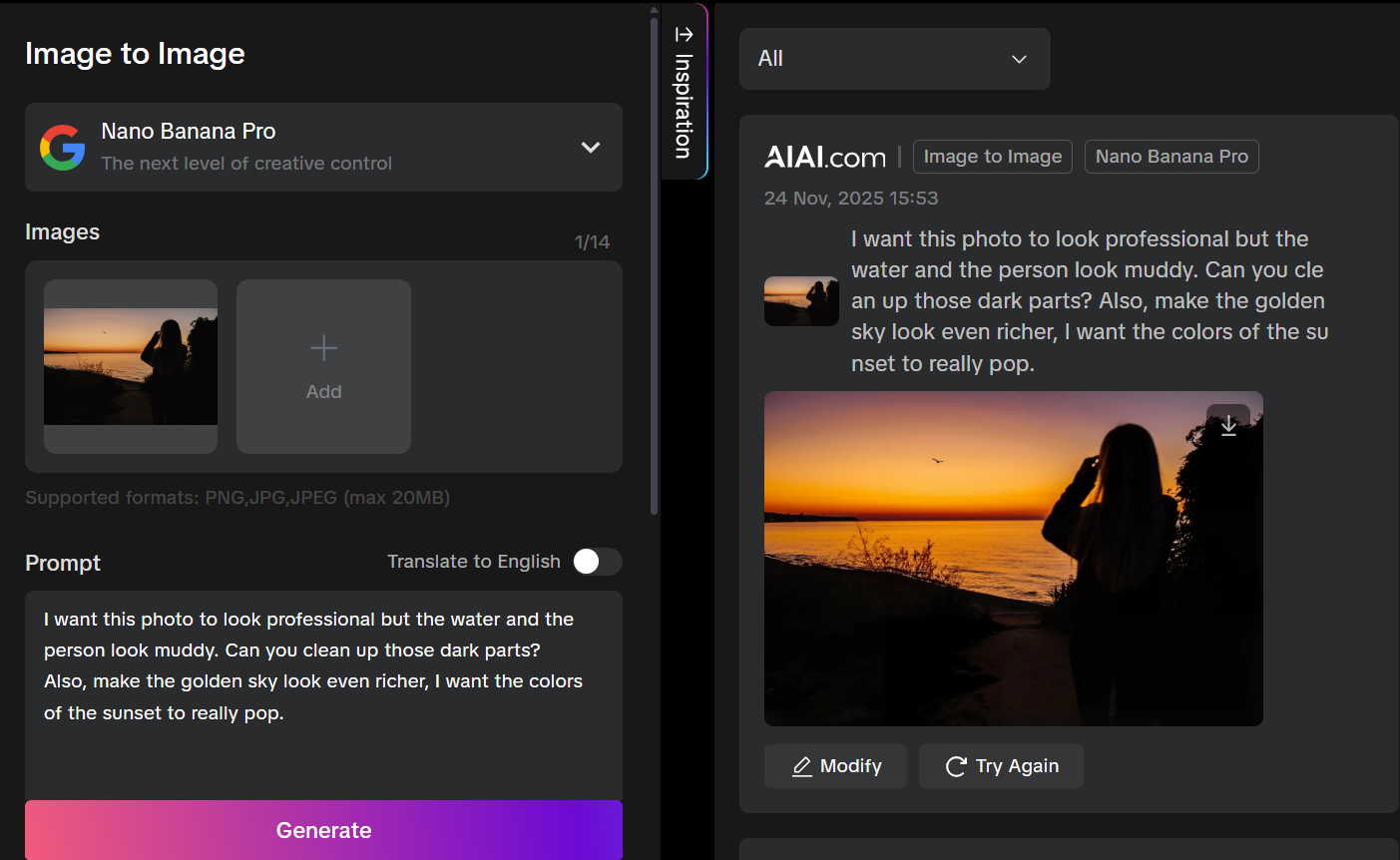 Screenshot of the Nano Banana Pro interface on AIAI.com demonstrating an AI photo edit. A dark photo of a person by the water is uploaded with a text prompt asking to 'clean up those dark parts' and make the sunset 'really pop.' The result panel shows the enhanced image with a vibrant golden sky and improved clarity