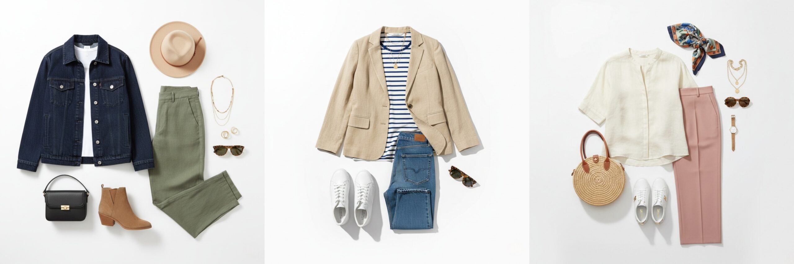 Professional fashion flat lay photography. A stylish outfit laid out neatly on a clean white background. Paired with  sneakers and accesories. Bright, soft studio lighting, minimalist aesthetic, magazine quality, overhead shot, organized layout.