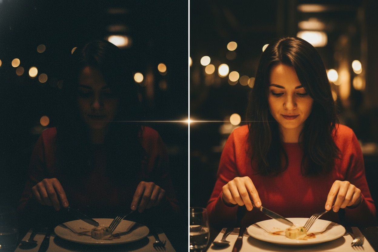 Split screen comparison photo. Left side: An amateur, underexposed, grainy photo of a woman having dinner in a dark restaurant, harsh shadows. Right side: The same photo but professionally edited, warm candlelight glow, soft bokeh background, high clarity, natural skin tone, cinematic lighting
