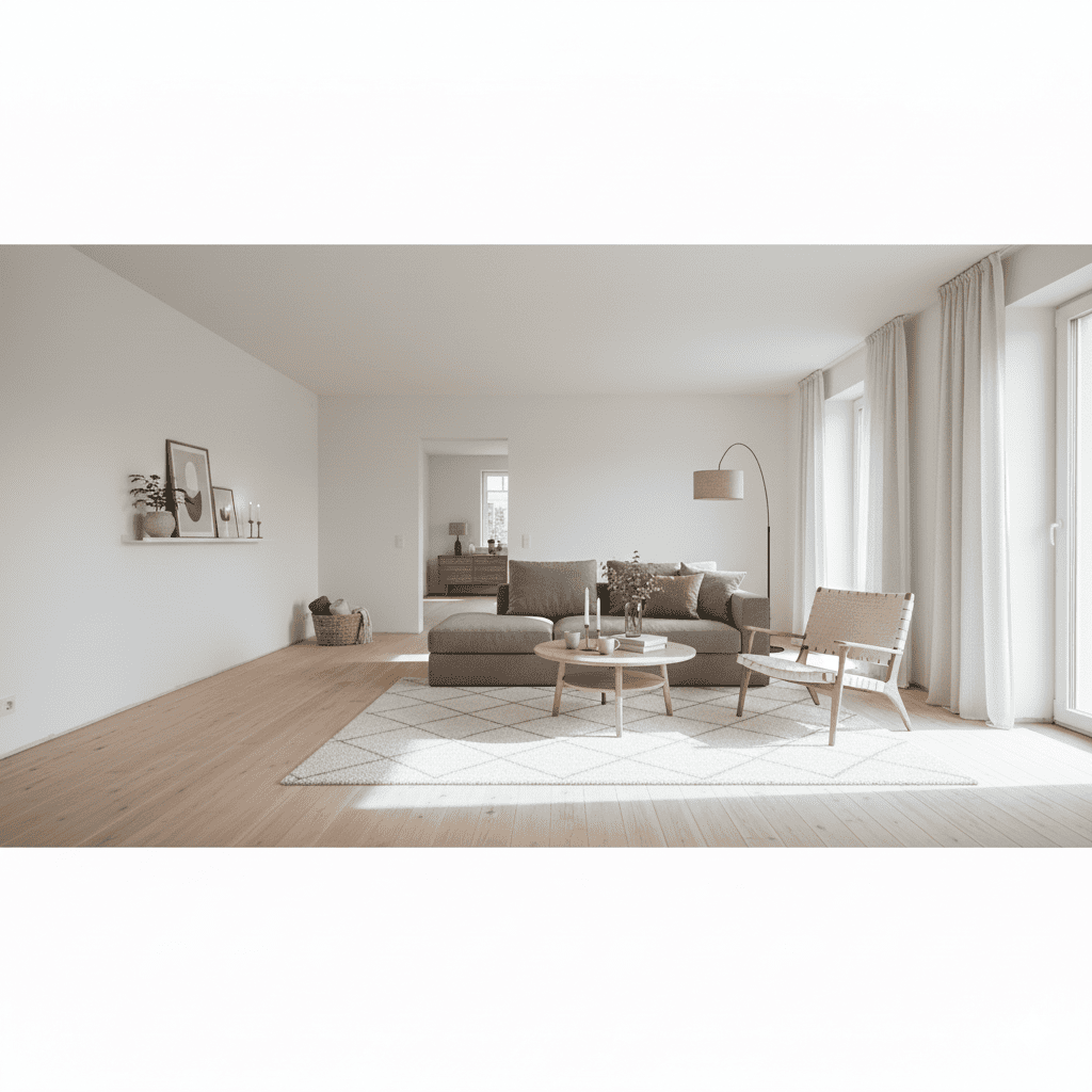 Cozy Scandinavian Hygge living room with light wood