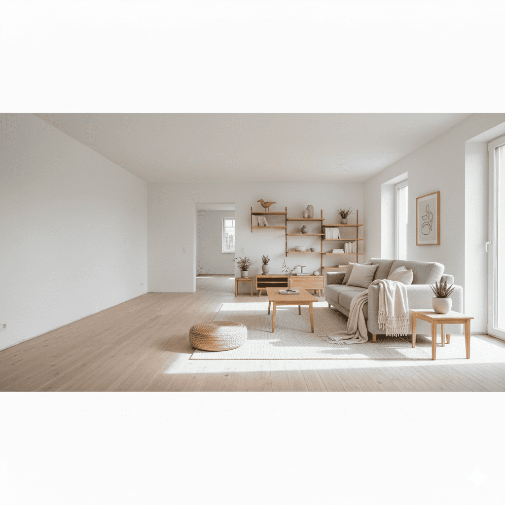 Minimal Japanese Muji living room with natural tones