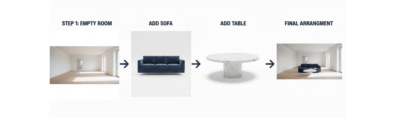 A poster illustrating the transformation of a living space in four steps.