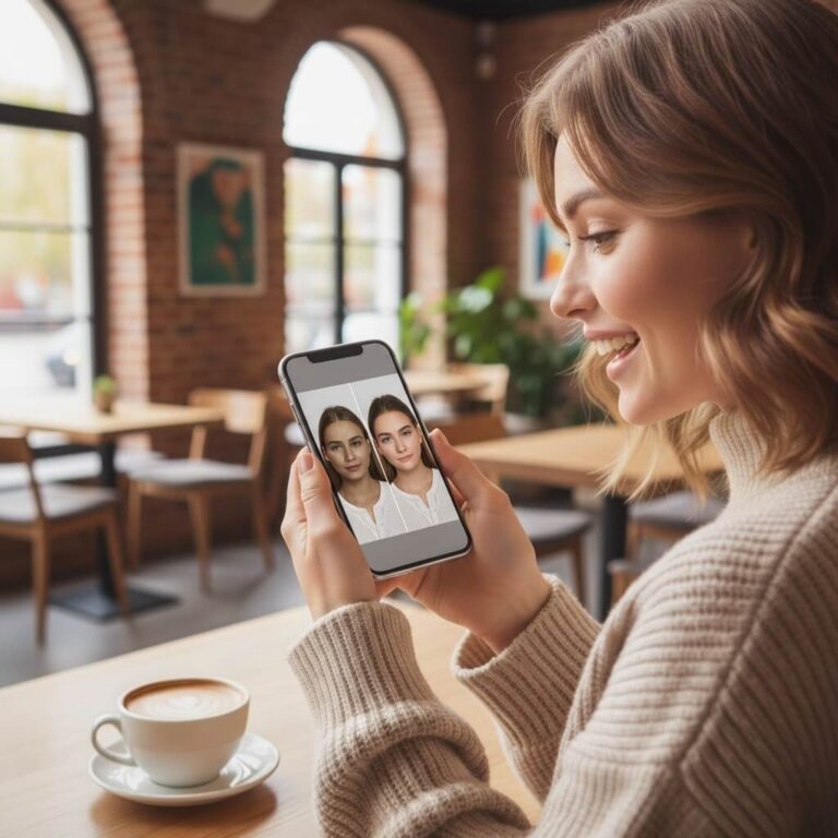 Trendy woman smiling while viewing phone screen with comparison feature in minimalist coffee shop, commercial advertisement style with coffee cup detail.