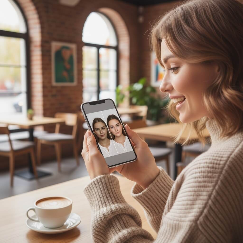 Trendy woman smiling while viewing phone screen with comparison feature in minimalist coffee shop, commercial advertisement style with coffee cup detail.
