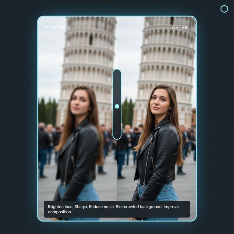 AI photo editor interface showing before-and-after comparison with vertical slider, demonstrating face brightening, background blurring, and noise reduction effects on a tourist photo.
