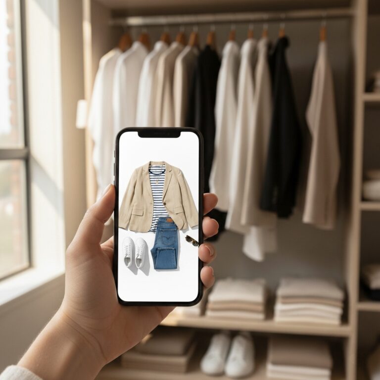 A close-up of a woman's hand holding a smartphone that displays a minimalist digital closet app, showing a complete outfit plan against a blurred, organized wardrobe background.