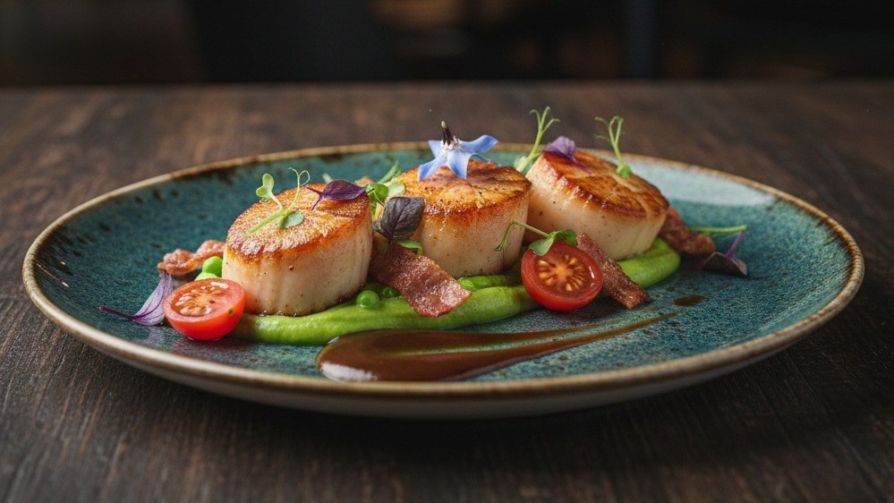 Seared scallops, pea puree, bacon, cherry tomatoes, elegant plating, gourmet.