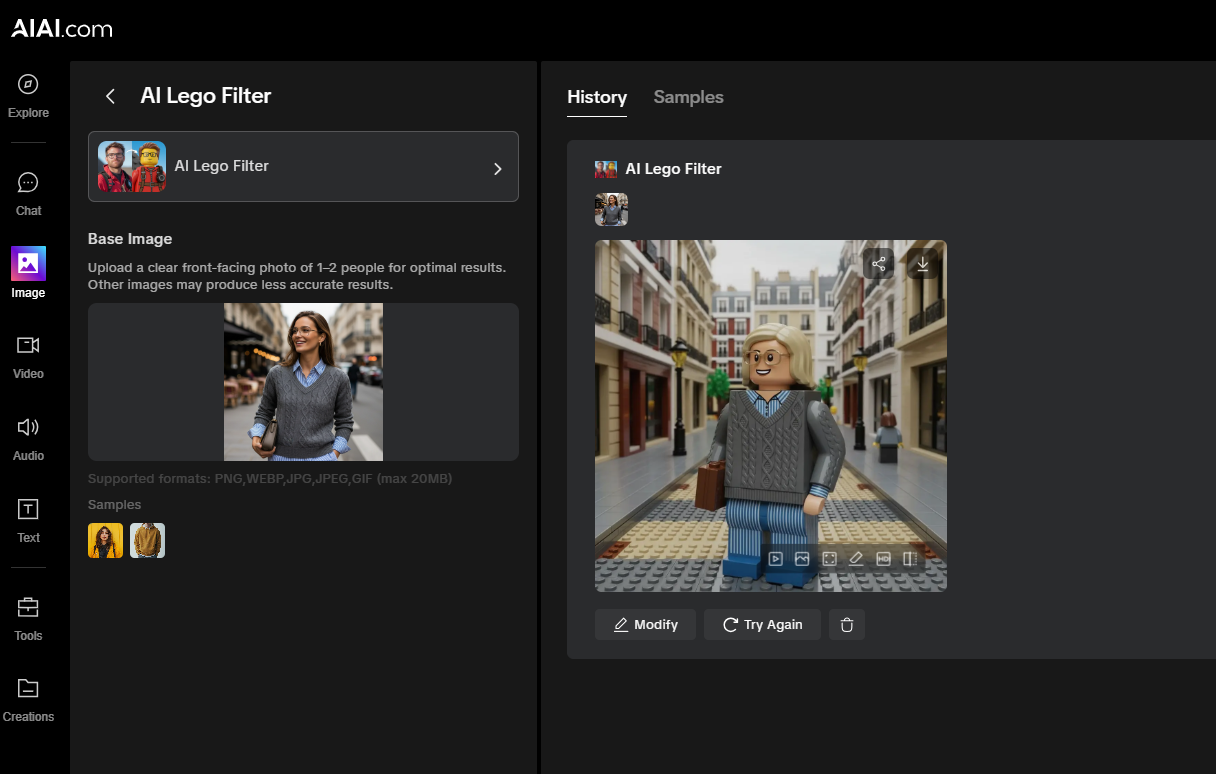 Screenshot of AI Lego Filter tool converting a photo to a Lego minifigure.