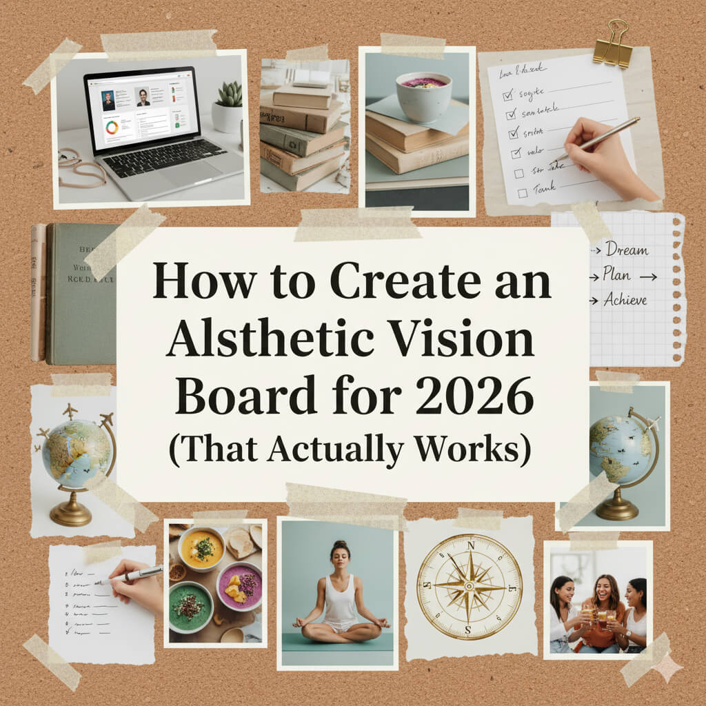 An aesthetic vision board for 2026 article cover, featuring a collage of lifestyle images including a laptop with data, stacks of books, a planning checklist, a globe, healthy food bowls, a woman meditating, a compass, and friends toasting. The central text reads "How to Create an Aesthetic Vision Board for 2026 (That Actually Works)". The style is a minimalist collage on a cork board background with tape and paper clips.