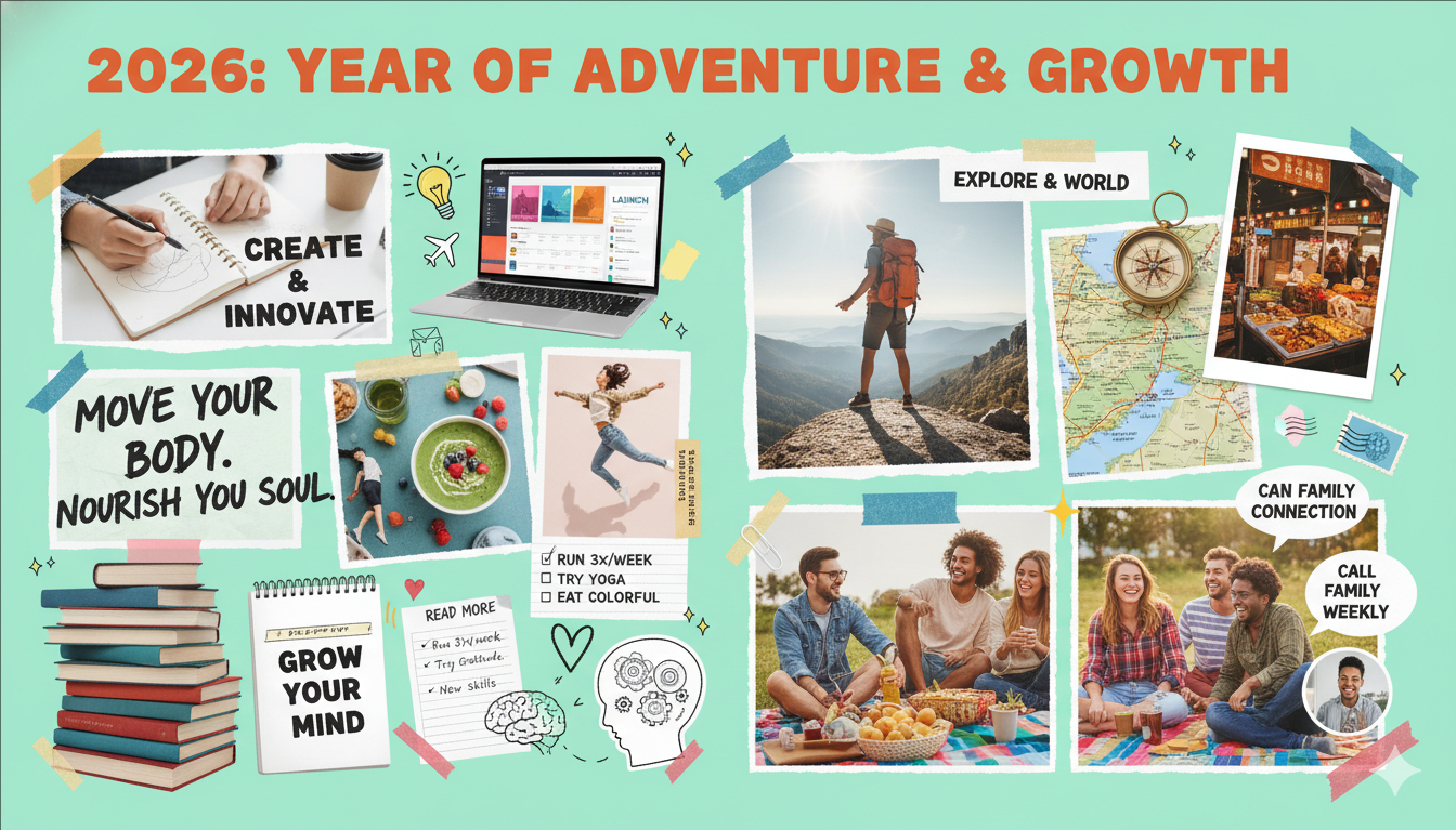 Vibrant 2026 vision board collage with adventure, growth, career, health, and social goals.