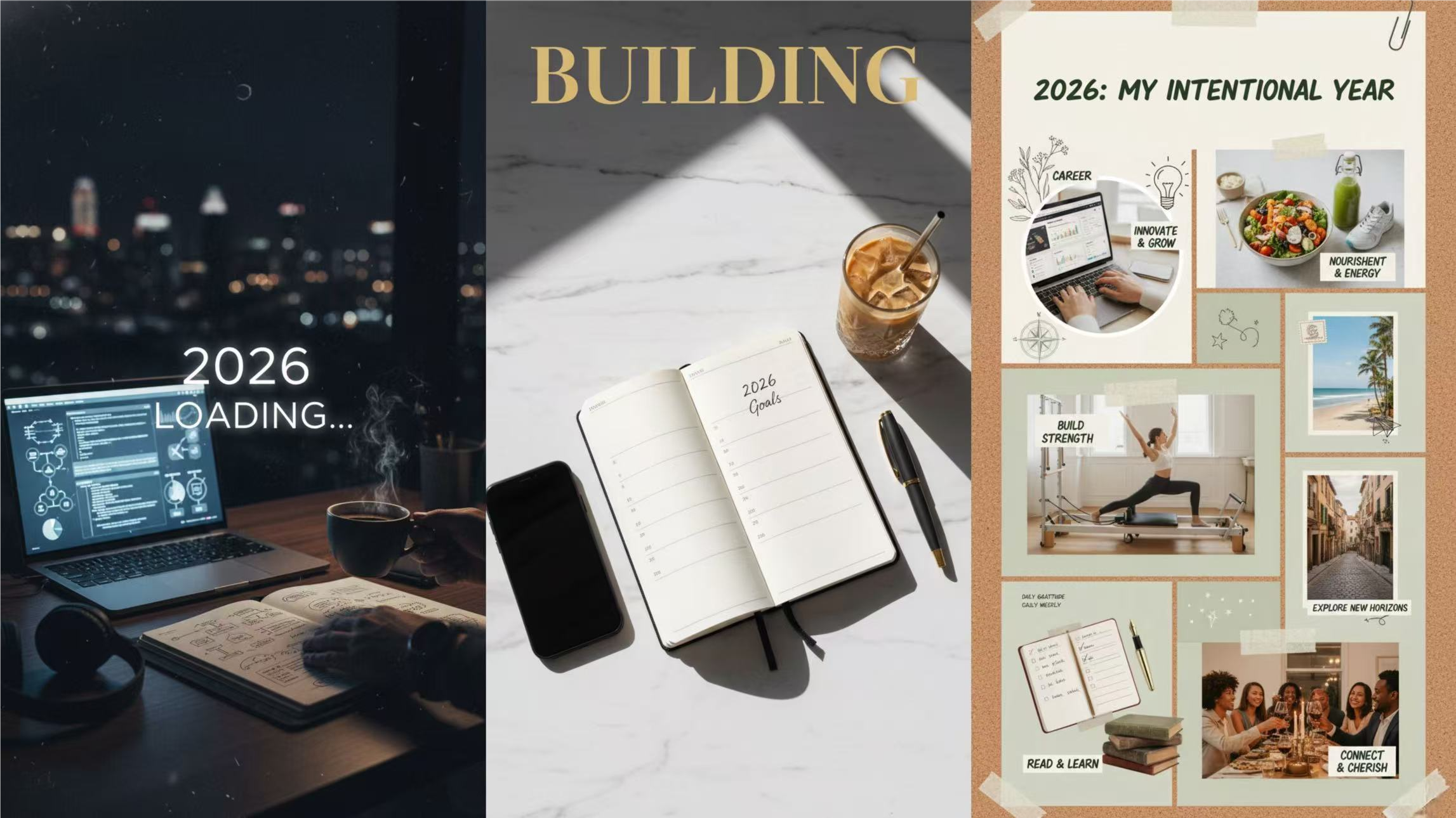 A triptych showing '2026 Loading' on a laptop, a planner with '2026 Goals', and a full 2026 vision board.