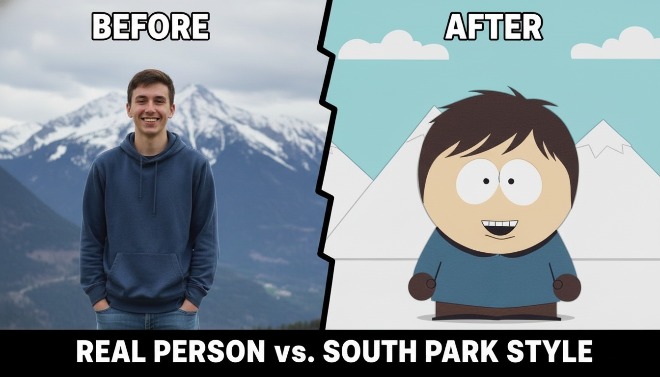 Before and after comparison of a real person transformed into a South Park make characters using Nano Banana Pro AI image-to-image technology.