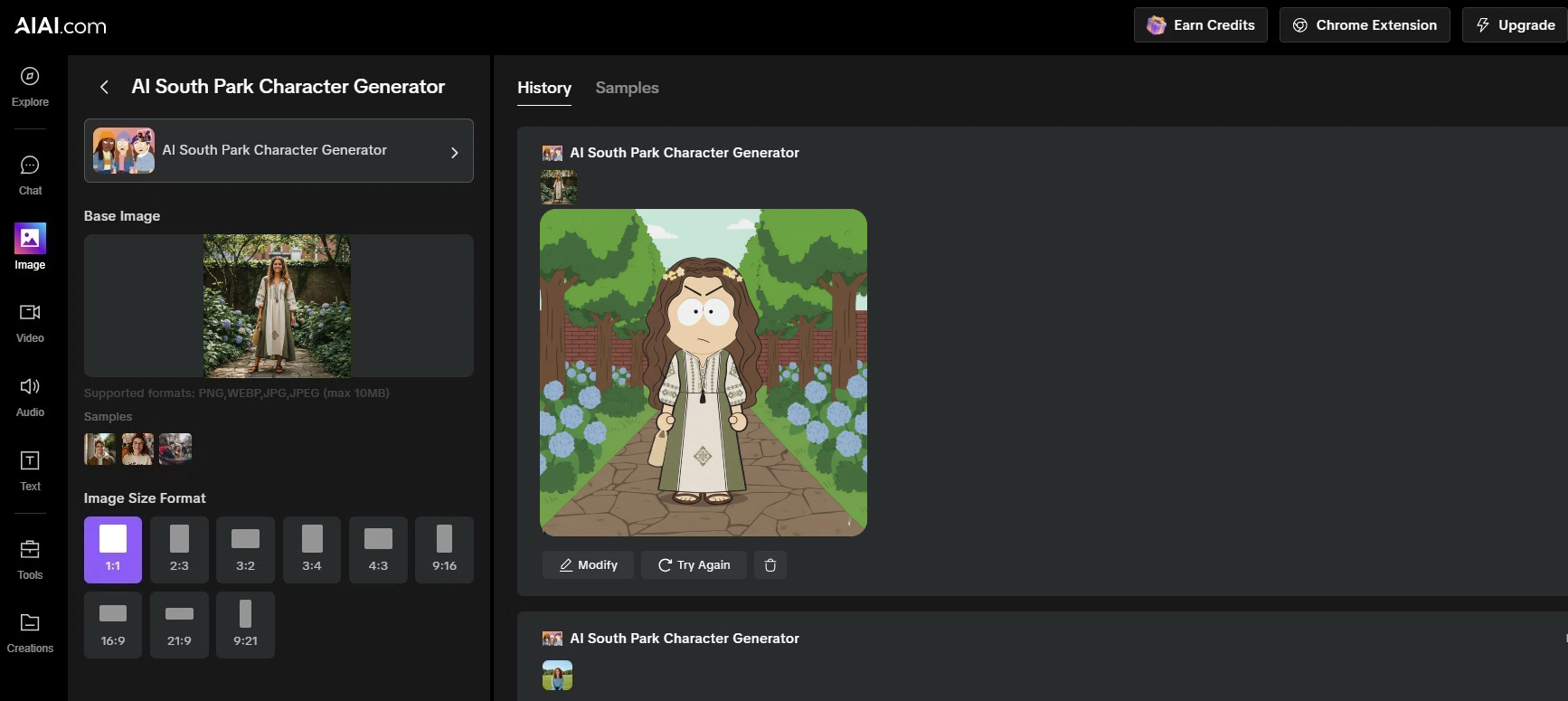 Interface of the AI South Park Character Generator on AIAI.com, showing a real photo transformed into an animated avatar with Nano Banana Pro.