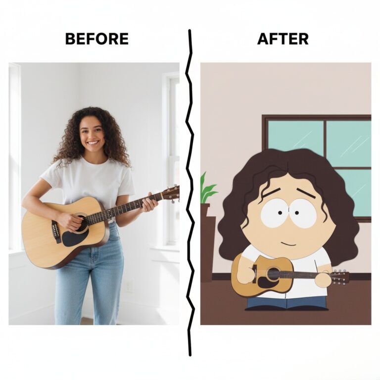 Before and after comparison of a photo turned into a South Park style cartoon character.