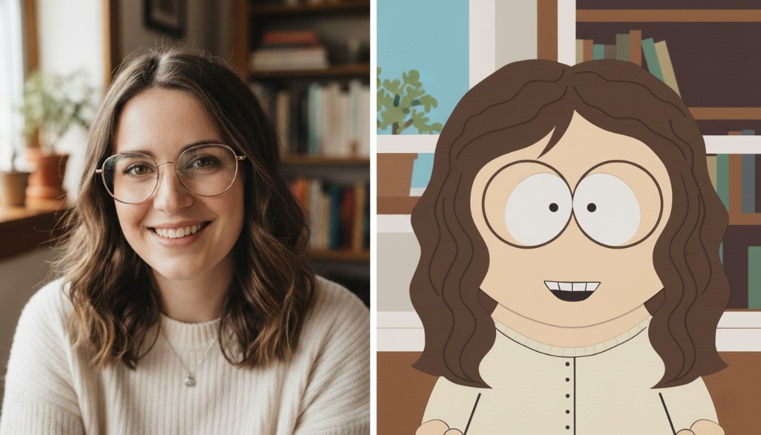 A character with glasses demonstrating how to turn a photo into a South Park avatar.