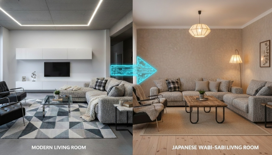 A split-screen comparison demonstrating how an AI image to image generator restyles a modern living room into a warm Japanese Wabi-Sabi interior