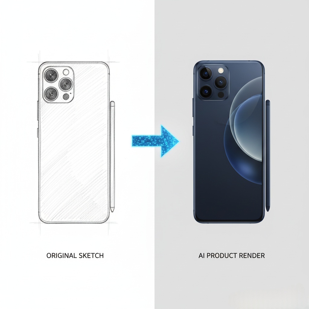 Showing a sketch being transformed into a product render using an AI image to image generator.