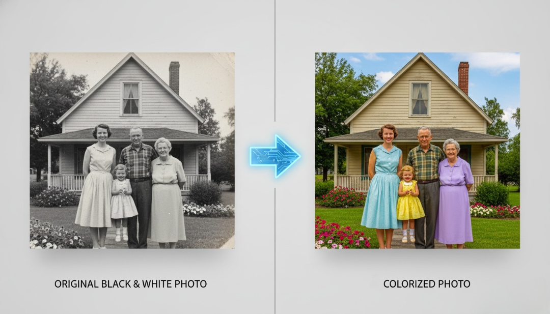 An example of using an AI image to image generator to colorize a vintage family photo, demonstrating the before and after effects of AI neural engine technology.