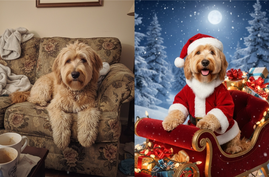 slipt scrren comparison images featuring before and after dog dressed as santa, pet costume image transformation, pet AI Christmas image 