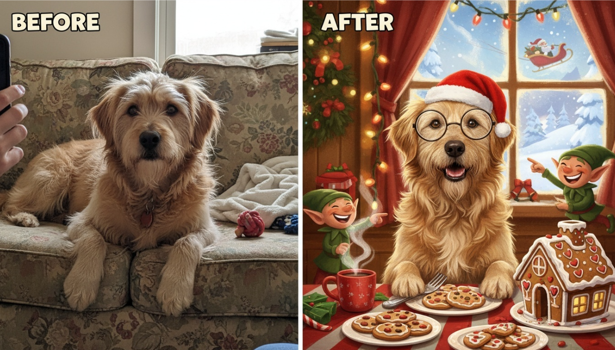 slipt scrren comparison images featuring before and after dog wearing a santa's hat, pet costume image transformation, pet AI Christmas card 